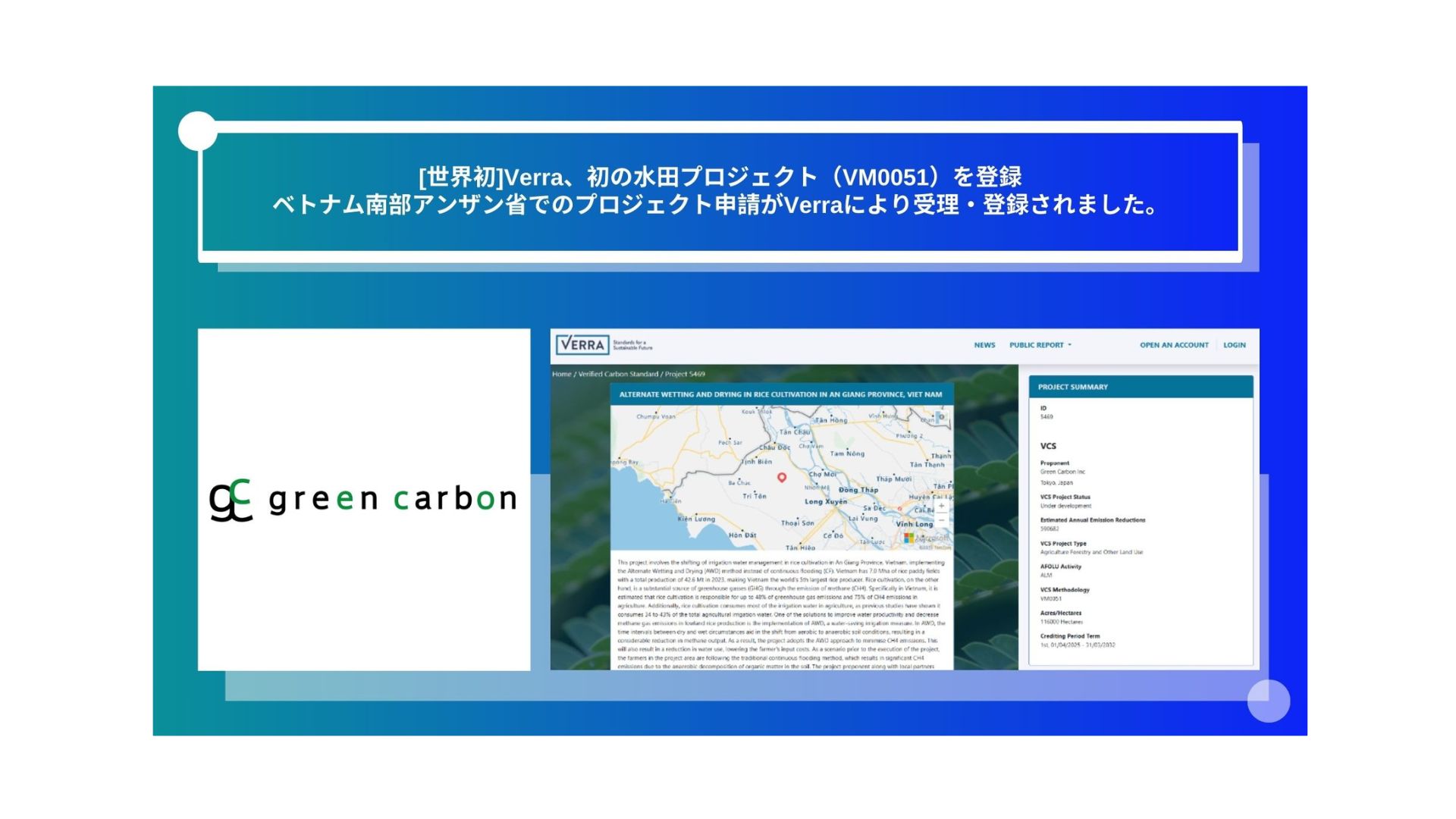 世界初】Verra、初の水田プロジェクト（VM0051）を登録 グリーンカーボン社がベトナム南部アンザン省で実施した「水田におけるAWD導入によるメタンガス削減プロジェクト」が、自主的なカーボンクレジット基準であるVerraに受理され、登録されました。  - green carbon